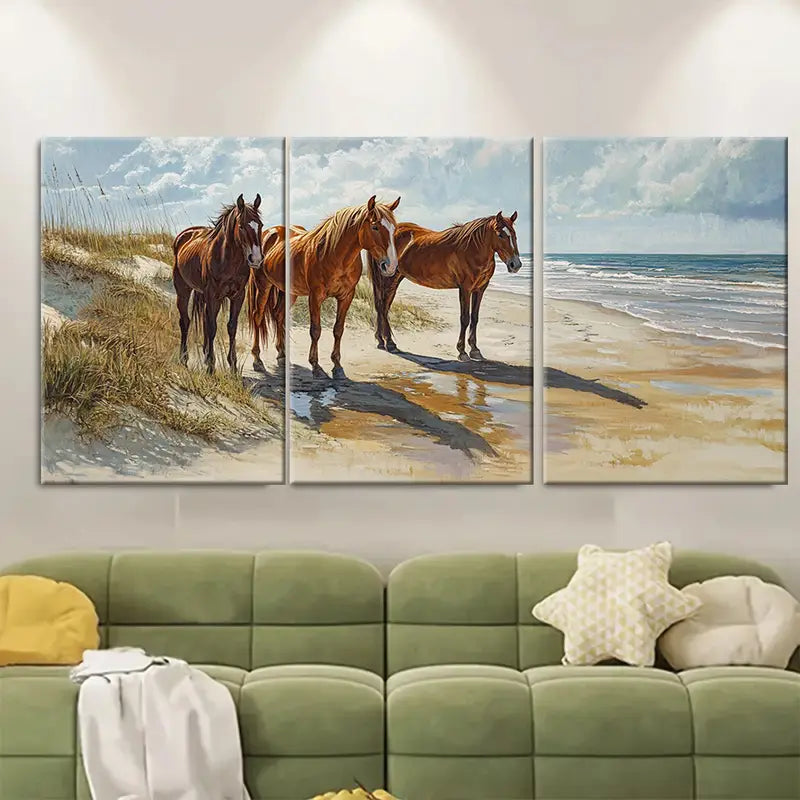 3pcs Outer Banks Wild Horses Beach Wall Art Set Canvas Framed 40x60cm - High Quality Print 100% Australian Made Wall Canvas Ready to Hang