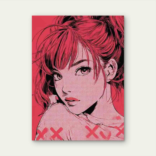 Manga Style Girl With Red Highlights 60x90cm Metal Print Ready to Hang