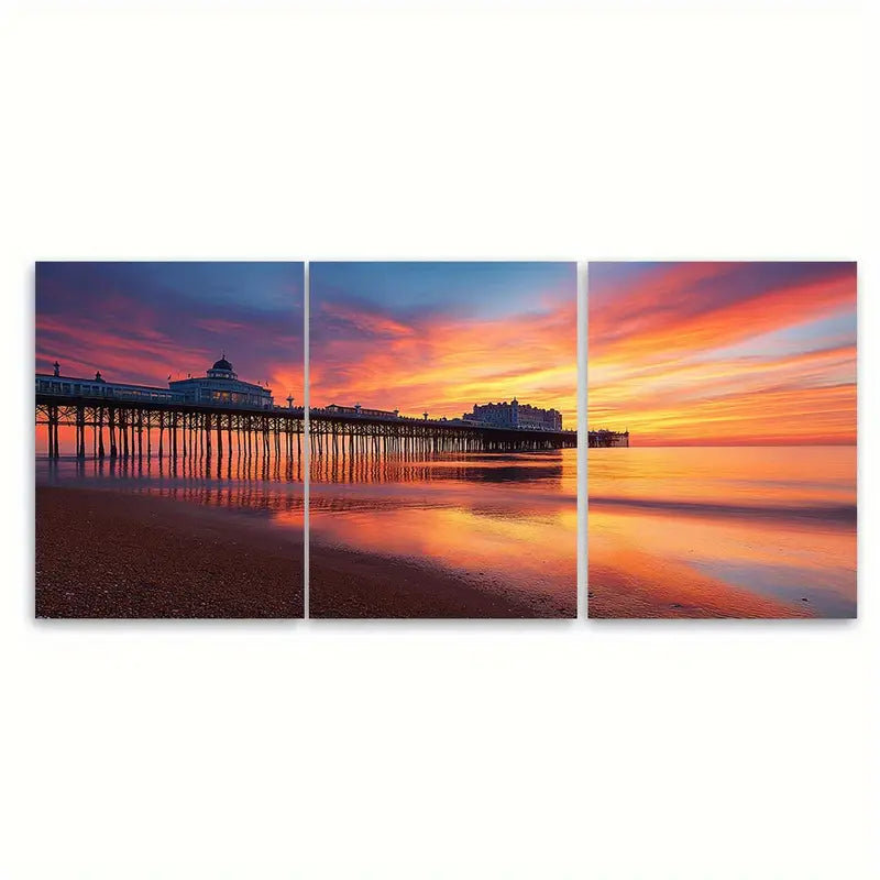 3pcs Brighton West Pier Sunset England Coastal Wall Art Set Canvas Framed 60x90cm - High Quality Print 100% Australian Made Wall Canvas Ready to Hang - Bella Home Decor