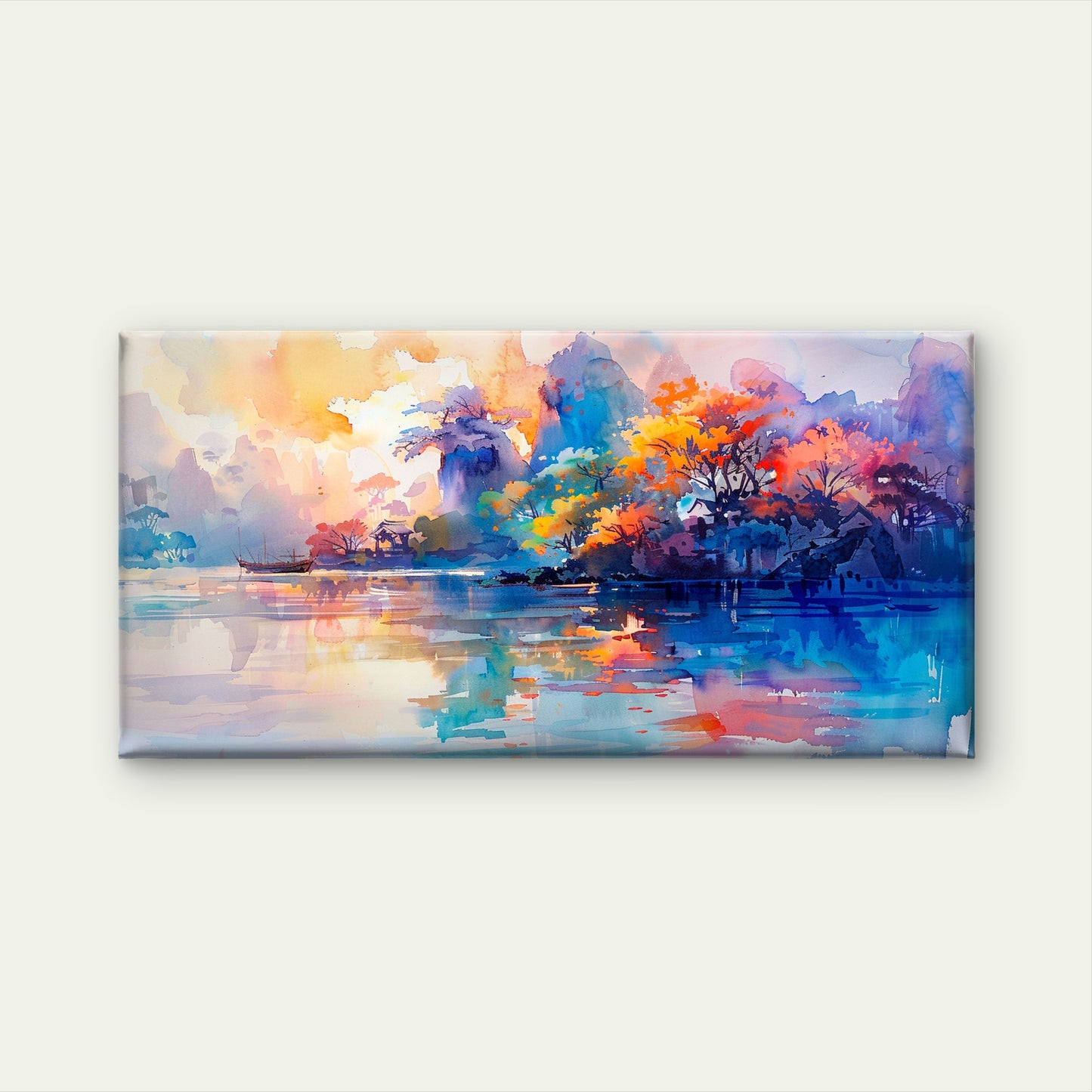 Vibrant Autumn Lake Scene Wall Art Canvas Office Home Room Framed 120x60cm