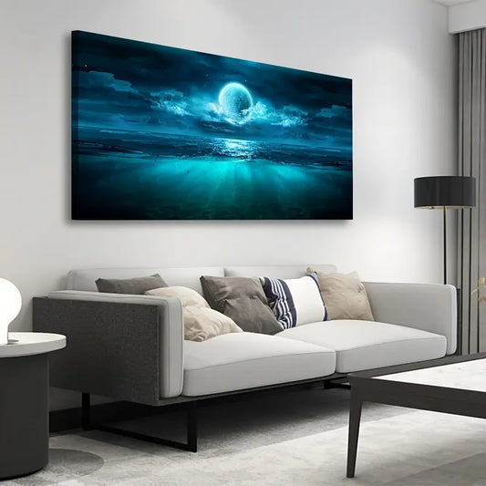 Moon Sea Blue Seascape Night Sky Wall Art canvas office home room framed 120x60cm - Bella Home Decor