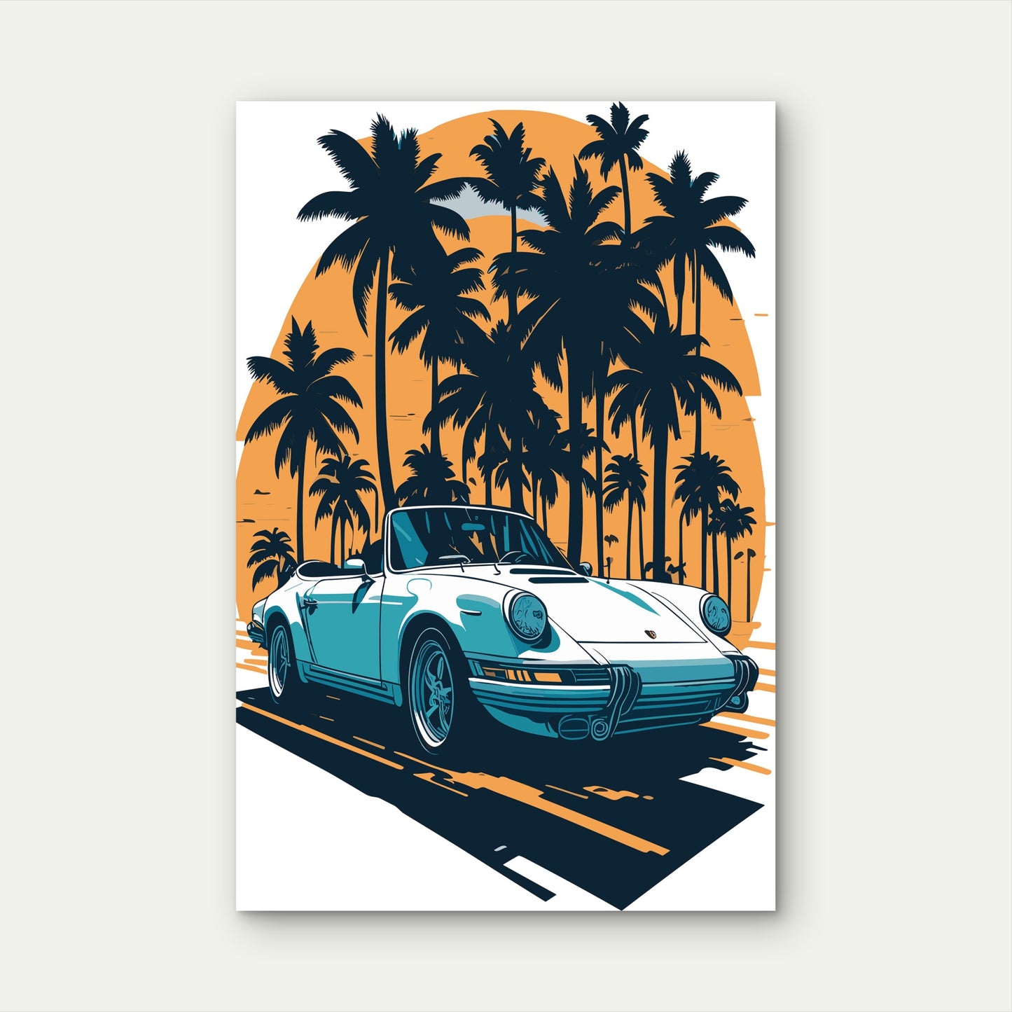 Retro Sports Car Palm Tree Sunset Drive 40x60cm Metal Print Ready to Hang