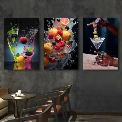 3pcs Vibrant Fruit Splash & Martini Glass Canvas Metal Print Ready to Hang Art