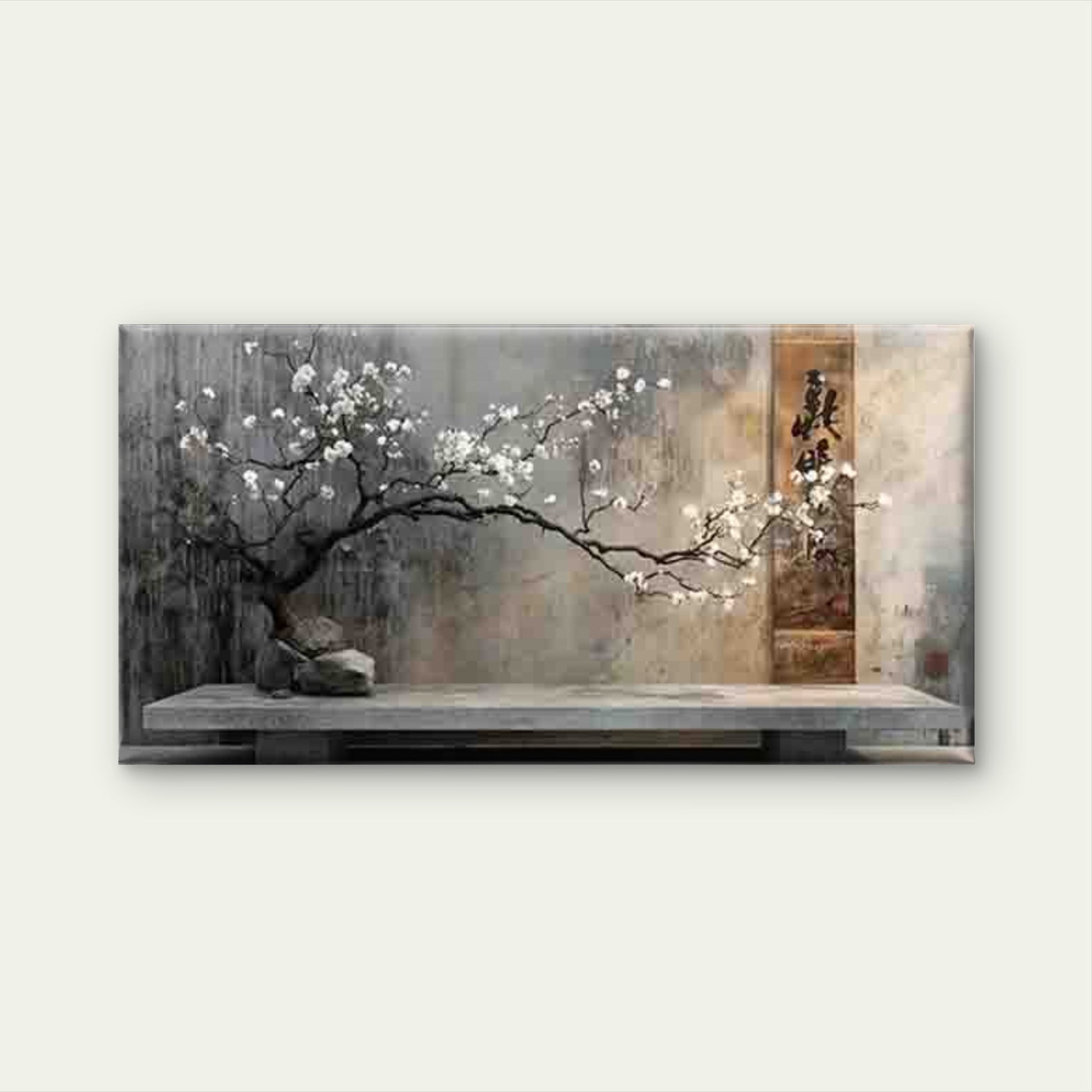 Cherry Blossom Tree on a Stone Wall Art Canvas Office Home Room Framed 120x60cm - Bella Home Decor