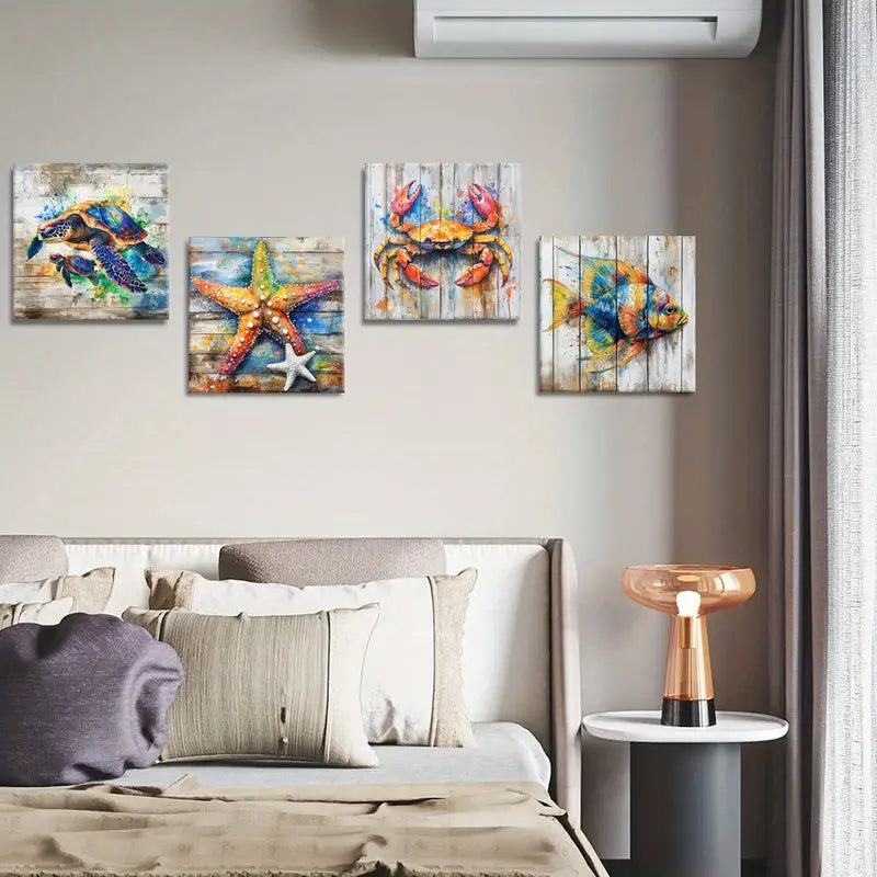 4pcs  Starfish , Colorful Room Aesthetic   Wall Art Canvas Framed