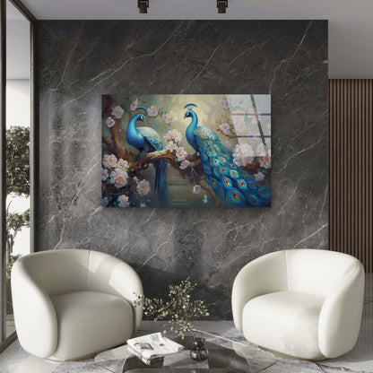 Blue Peacock Cherry Blossom Acrylic Glass Printing Wall Art Australian Made Quality