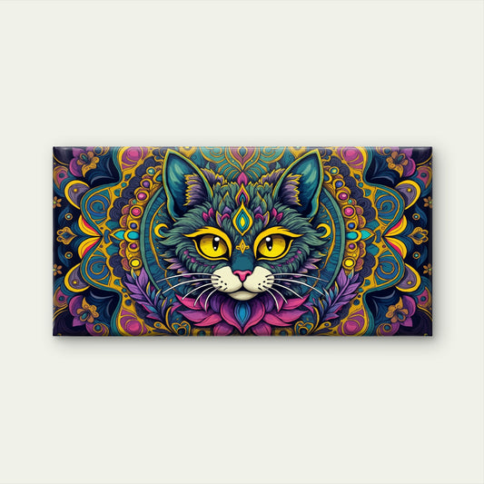 Psychedelic Cat Mandala Bohemia Wall Art Canvas Office Home Room Framed 120x60cm