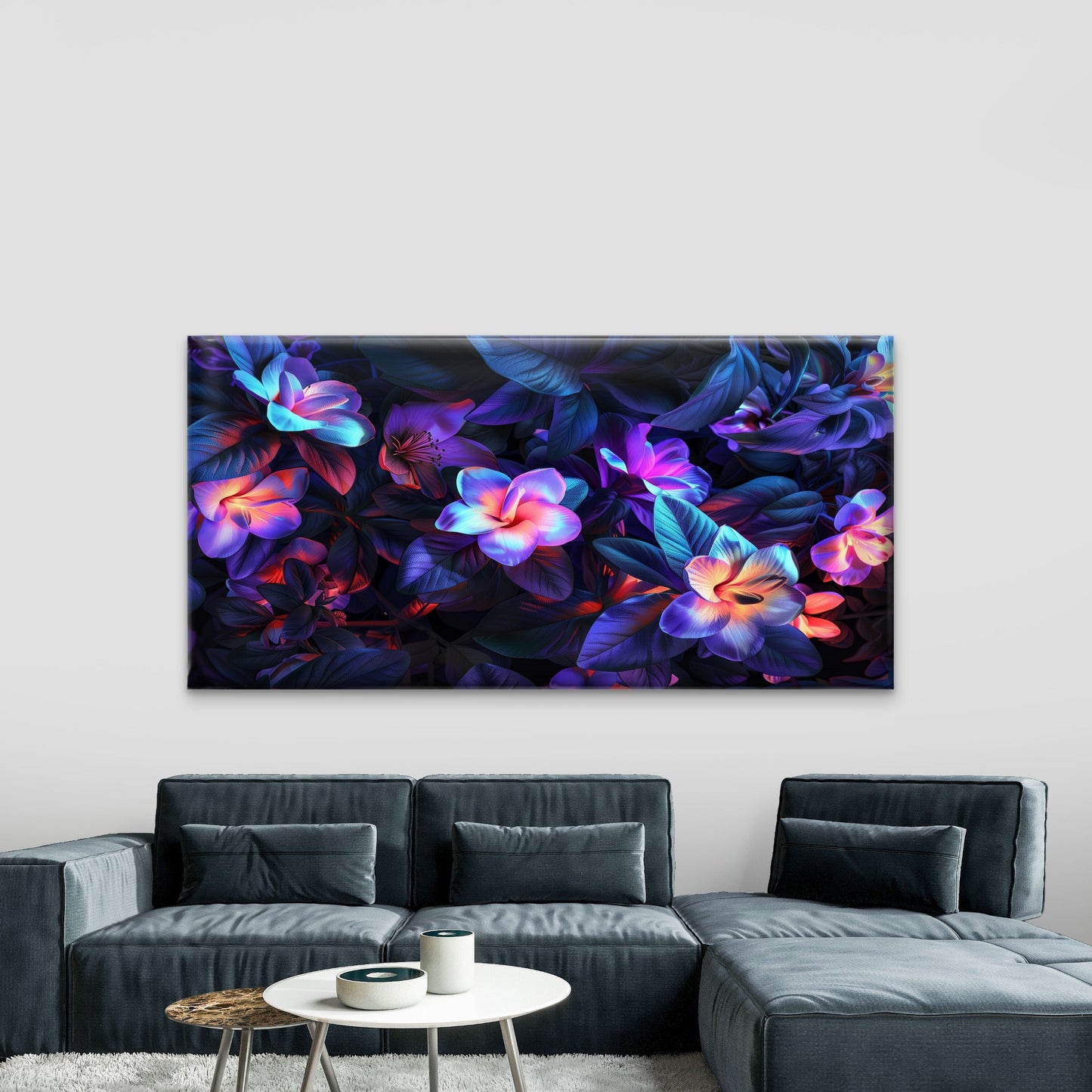 Surreal Dark Neon Flowers Wall Art Canvas Office Home Room Framed 120x60cm