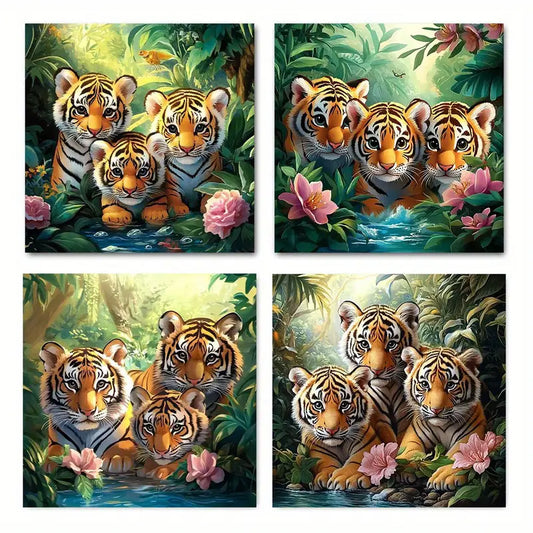 4pcs Tiger Family In Serene Nature Scen Wall Art Canvas Framed