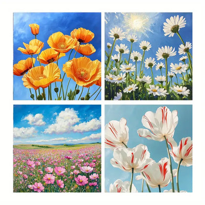 4pcs Vibrant Poppy & Daisy Wall Art Canvas Framed