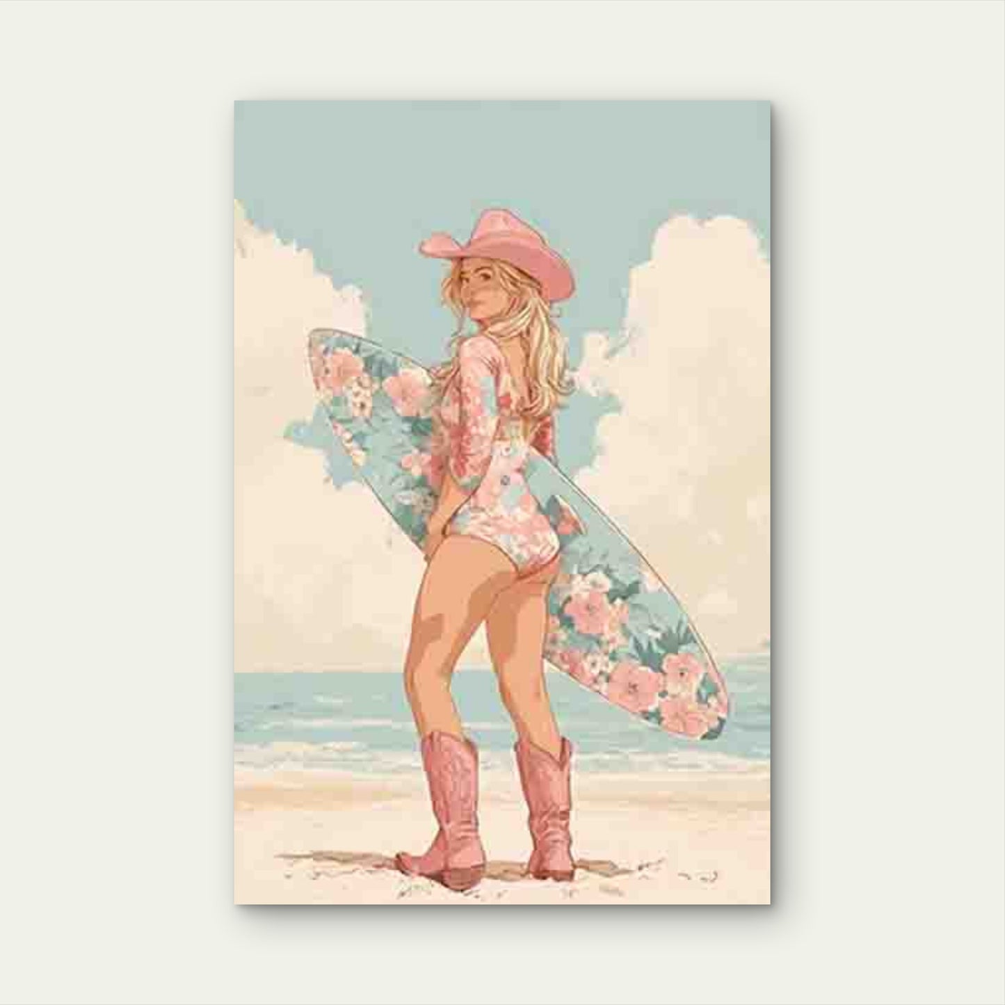 Floral Surf Cowgirl 60x90cm Metal Print Ready to Hang