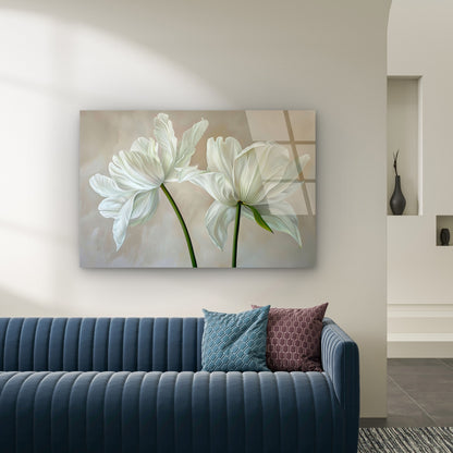 Elegant White Tulips Flowers Botanical Minimalist Neutral Background Acrylic Glass Printing Wall Art Australian Made Quality