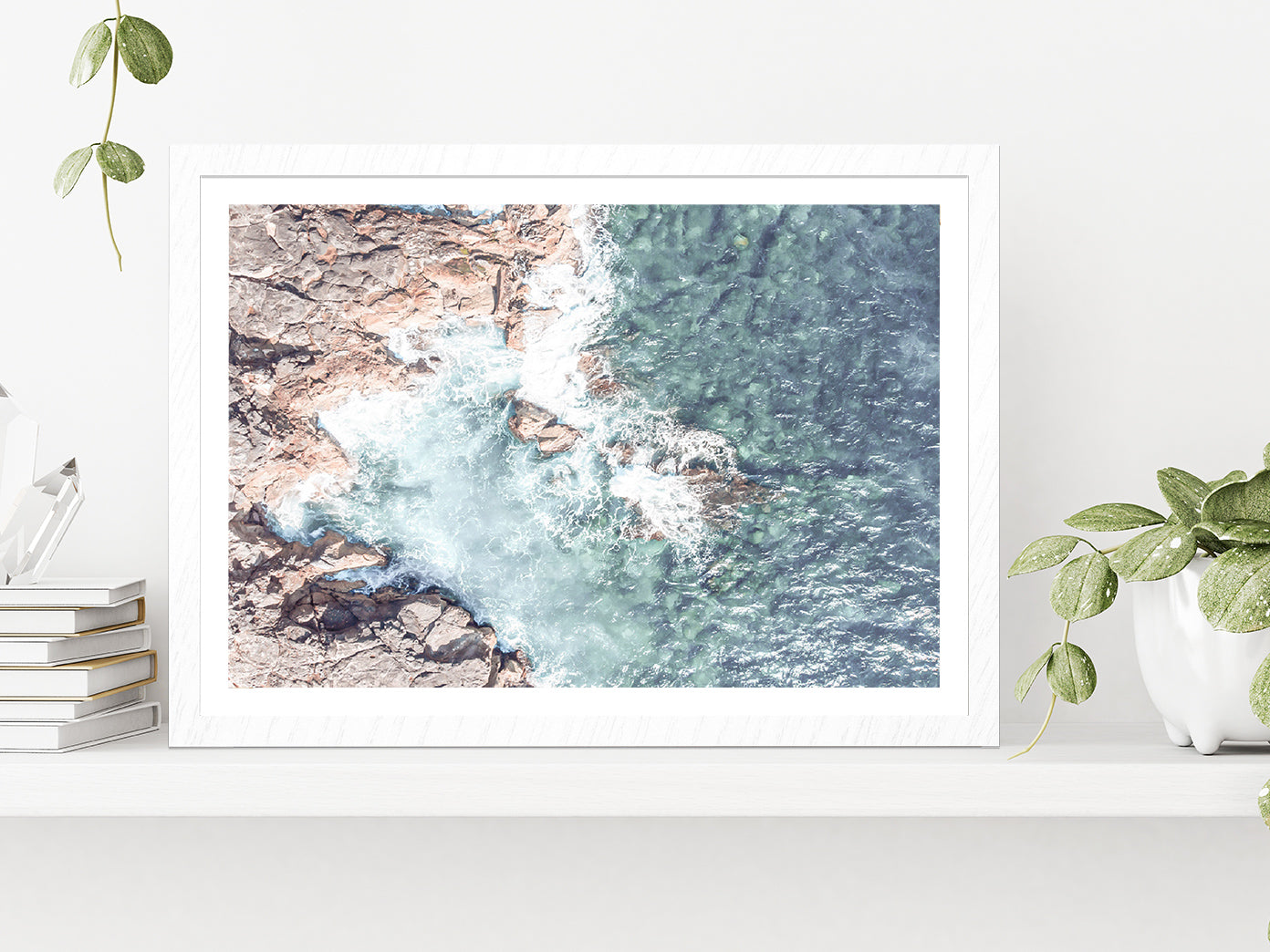 Sea Waves over Rocks Aerial View Photograph Glass Framed Wall Art, Ready to Hang Quality Print With White Border White