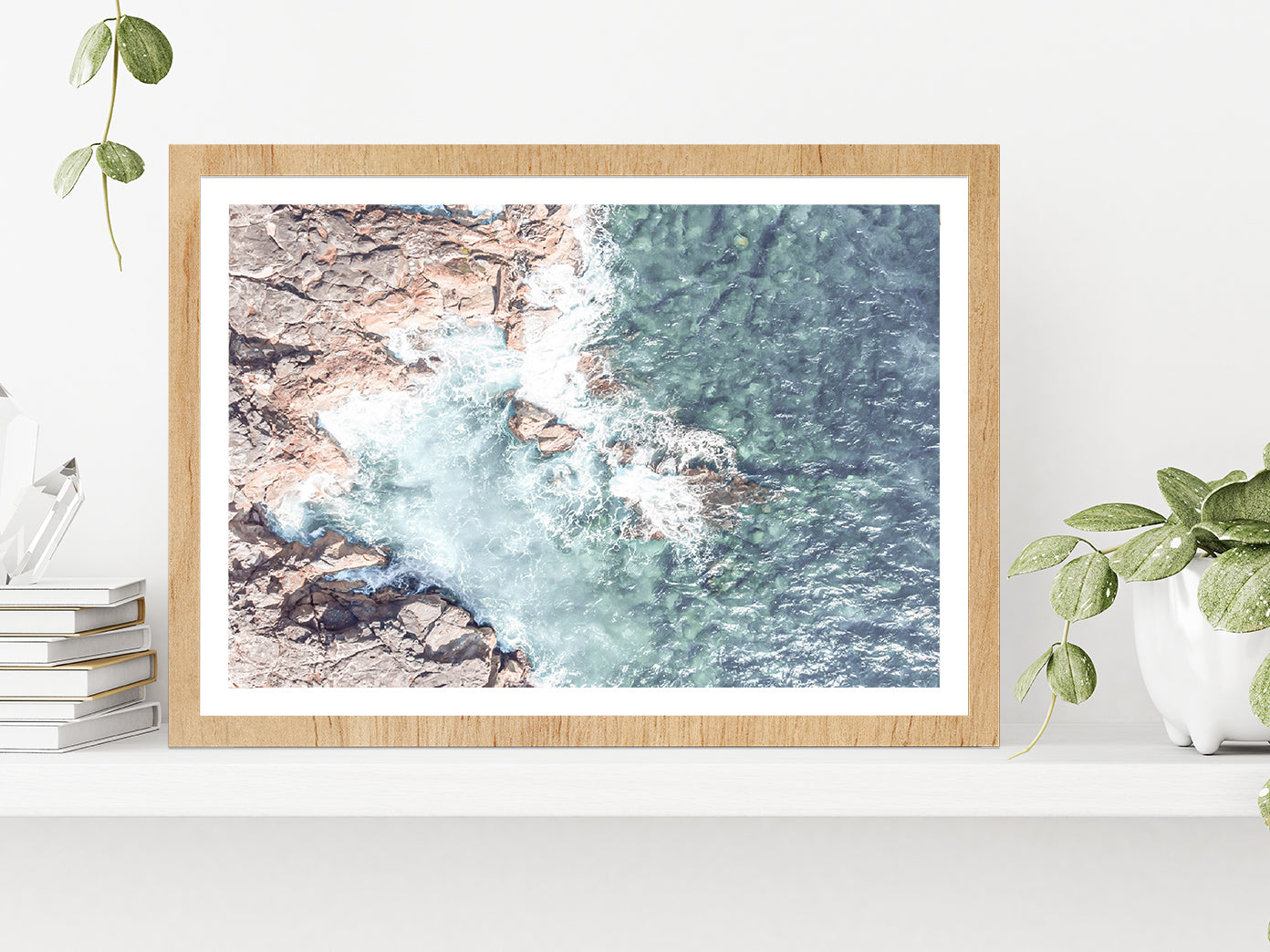 Sea Waves over Rocks Aerial View Photograph Glass Framed Wall Art, Ready to Hang Quality Print With White Border Oak