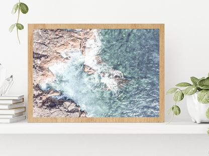 Sea Waves over Rocks Aerial View Photograph Glass Framed Wall Art, Ready to Hang Quality Print Without White Border Oak