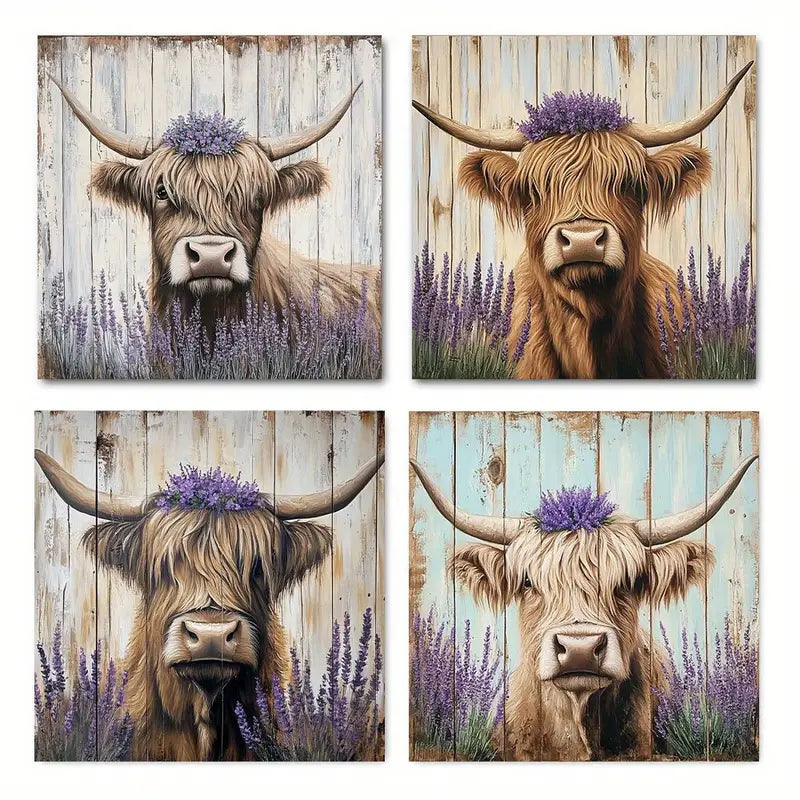 4pcs  Highland Cattle & Lavender CL   Wall Art Canvas Framed