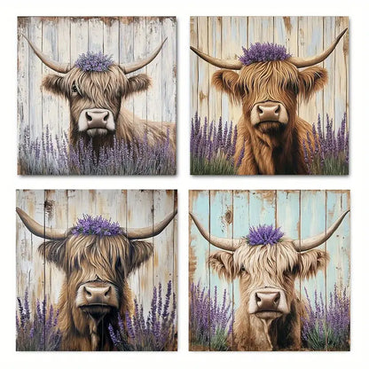 4pcs  Highland Cattle & Lavender CL   Wall Art Canvas Framed