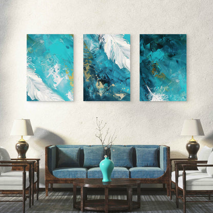 3pcs Modern Teal Turquoise Gold Feather  Wall Art Set Canvas Framed 60x90cm - High Quality Print 100% Australian Made Wall Canvas Ready to Hang