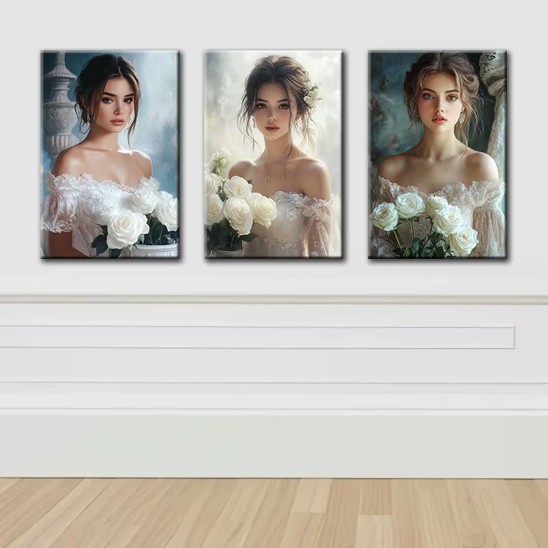 3pcs Elegant Girl with Bouquet Wall Art Set Canvas Framed 40x60cm - High Quality Print 100 % Australian Made Wall Canvas Ready to Hang