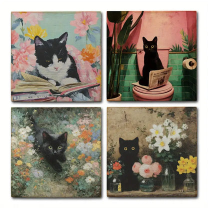 4pcs Charming Cat Wall Art Canvas Framed