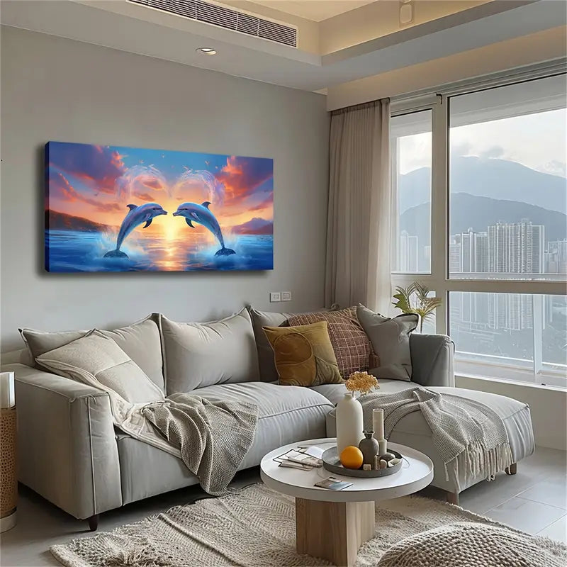 Two Dolphins on The Sea Wall Art Canvas Office Home Room Framed 120x60cm - Bella Home Decor