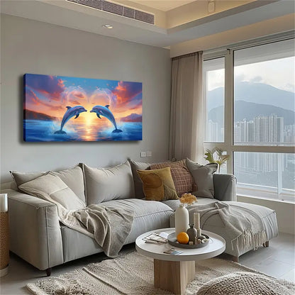 Two Dolphins on The Sea Wall Art Canvas Office Home Room Framed 120x60cm - Bella Home Decor