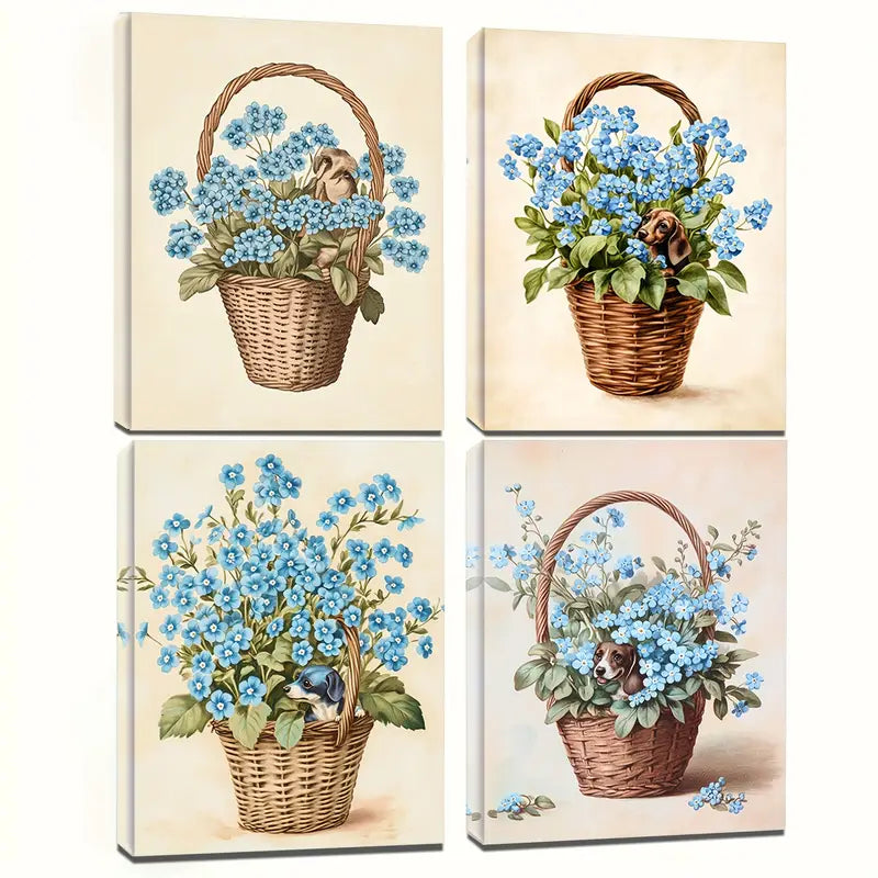 4pcs Blue Forget Me Not Flowers Wall Art Canvas Framed