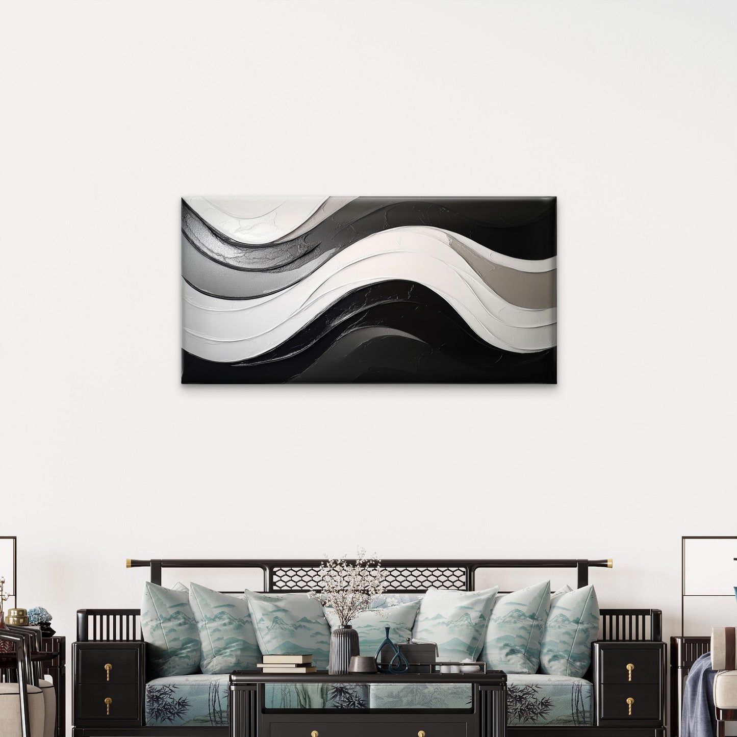 Modern Black White Abstract Wave Wall Art Canvas Office Home Framed 120x60cm