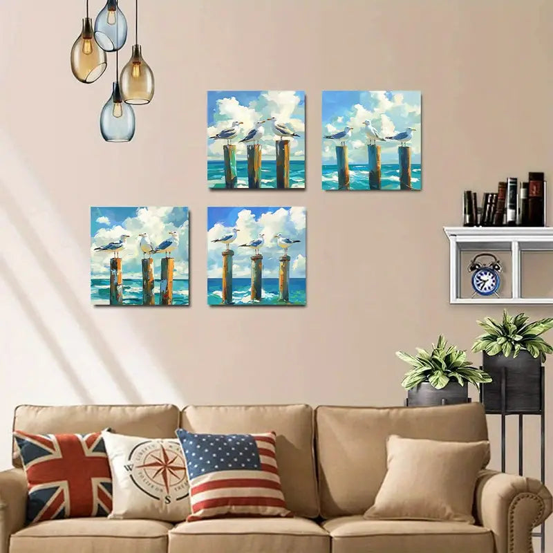 4pcs Modern Coastal Seagull Wall Art Canvas Framed