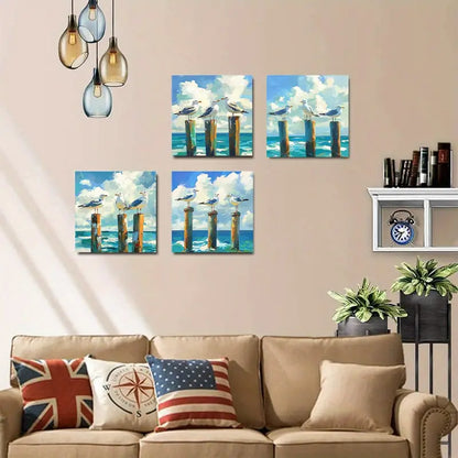 4pcs Modern Coastal Seagull Wall Art Canvas Framed