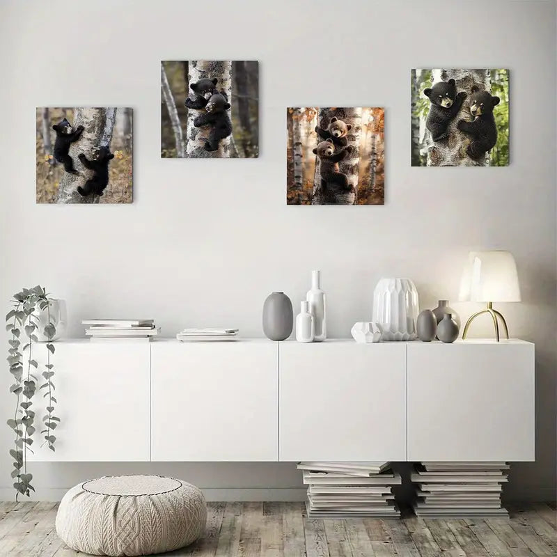 4pcs Charming Black Bear Cubs Canvas Art Prints Wall Art Canvas Framed
