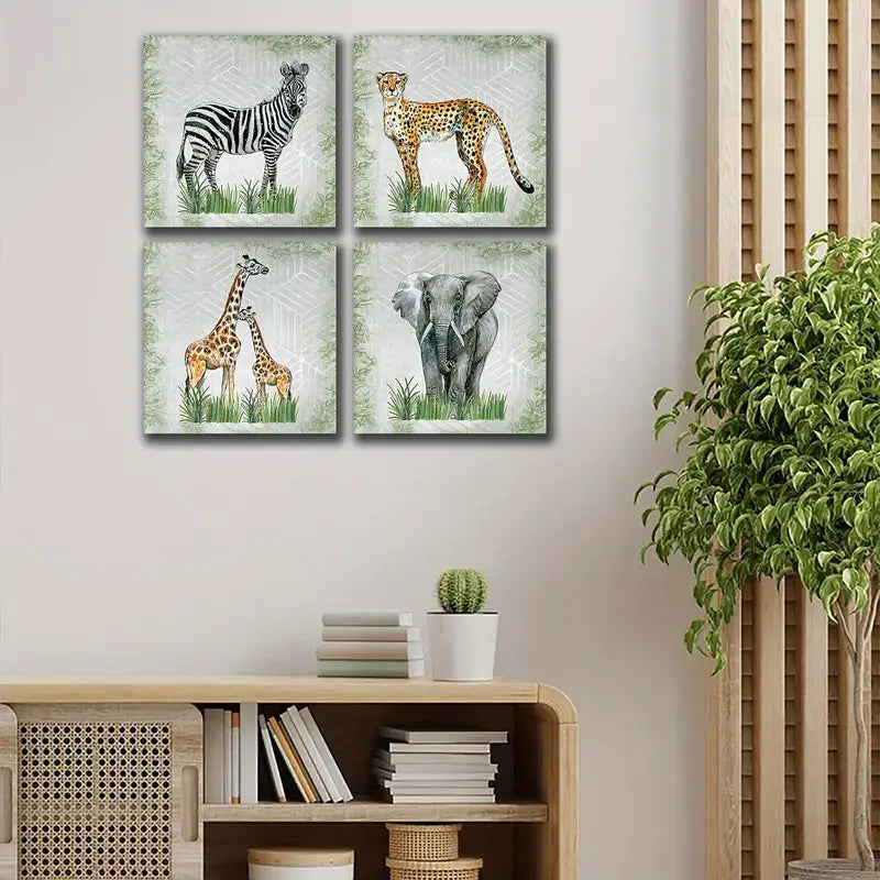 4pcs Retro Elephant With Zebra Green Plants Wall Art Canvas Framed - Bella Home Decor