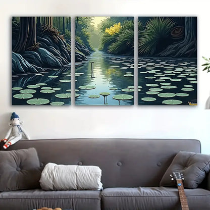 3pcs Pond Landscape Nature Painting Wall Art Set Canvas Framed 40x60cm - High Quality Print 100% Australian Made Wall Canvas Ready to Hang