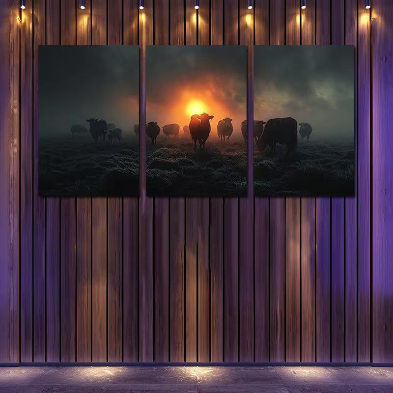 3pcs Rustic Sunset Cows and Sheep Wall Art Set Canvas Framed 60x90cm - High Quality Print 100% Australian Made Wall Canvas Ready to Hang