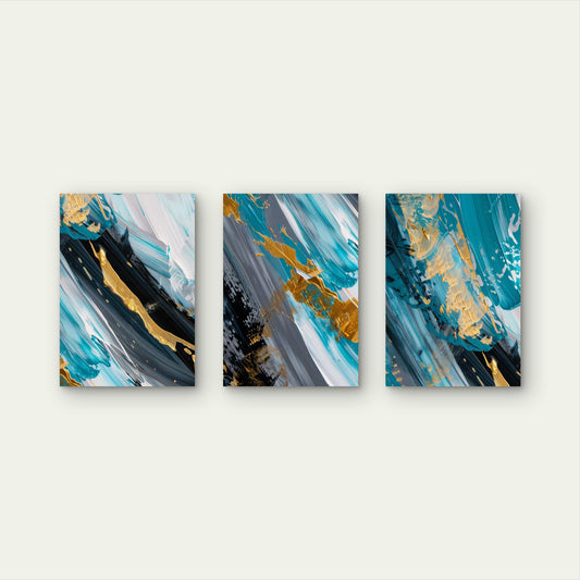 3pcs Abstract Teal Gold Foil Grey Brushstroke Metal Print Ready to Hang Art