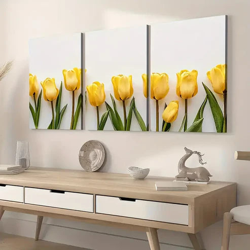 3pcs Minimalist Modern Floral Art Yellow Flowers Wall Art Set Canvas Unframed - High Quality Print 100% Australian Made Wall Canvas