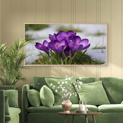 Purple Flowers In Snow Wall Art Canvas Office Home Room Framed 120x60cm