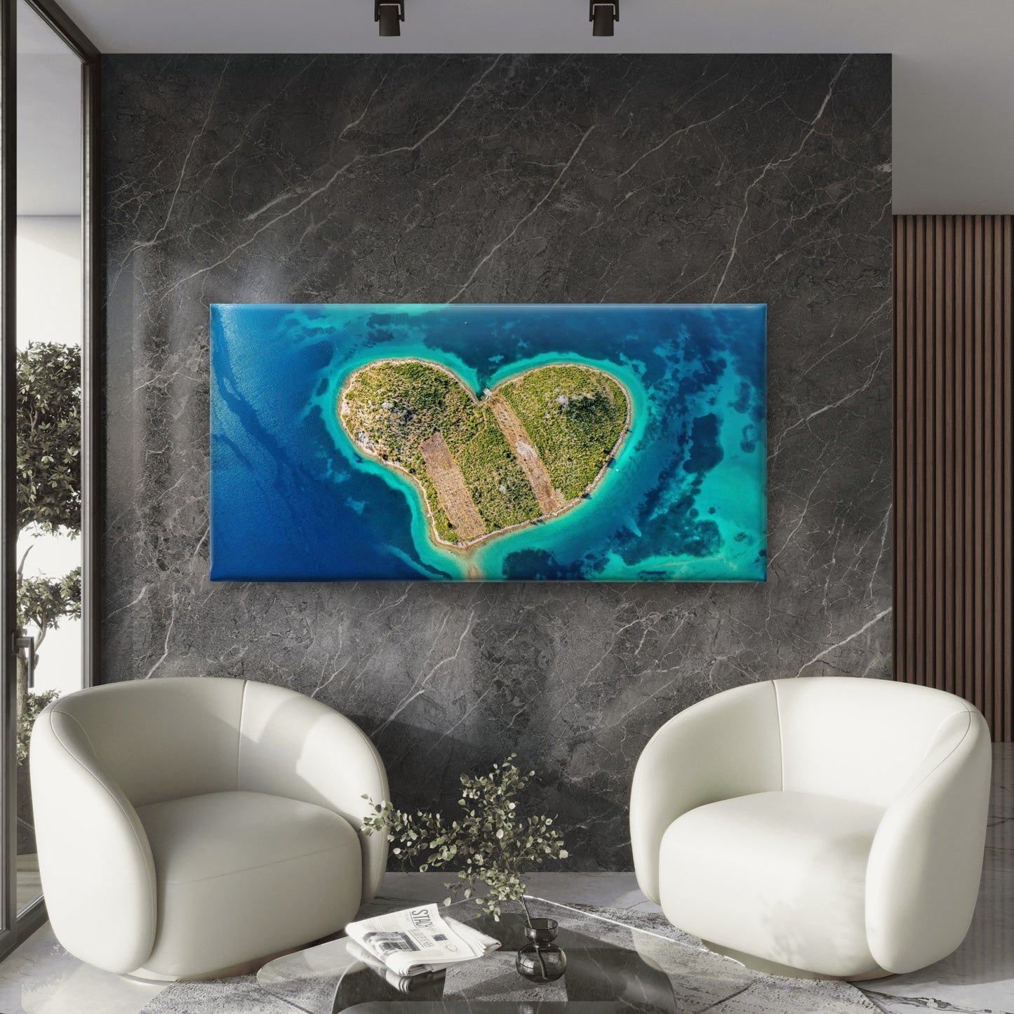 Aerial View Heart Shaped Isle Wall Art Canvas Office Home Room Framed 120x60cm