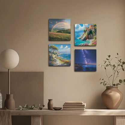 4pcs Funny Day Casstle And River View Wall Art Canvas Framed