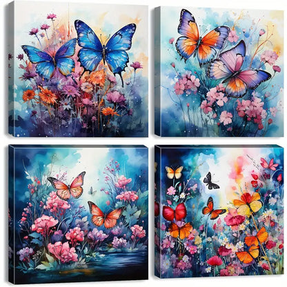 4pcs Vibrant Butterfly & Wildflower Wall Art Canvas Framed