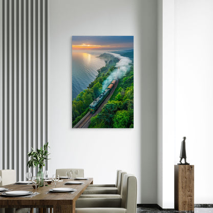 Train Journey Through Lush Green Landscape by Water 60x90cm Metal Print Ready to Hang