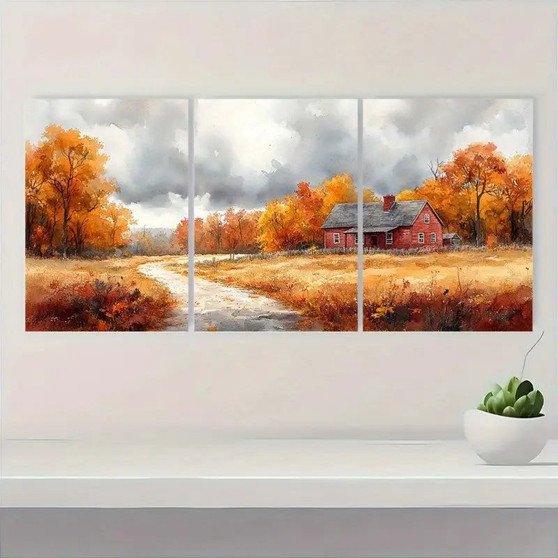 3pcs Rustic Autumn Countryside Watercolor Metal Print Ready to Hang Art