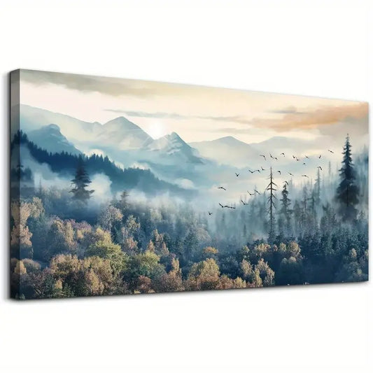Foggy Forest Trees Mountains & Birds Wall Art canvas office home room framed 120x60cm