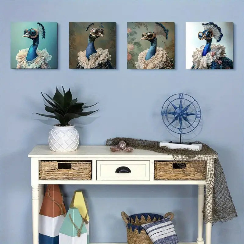 4pcs Lace & Feathered Peacock Wall Art Canvas Framed