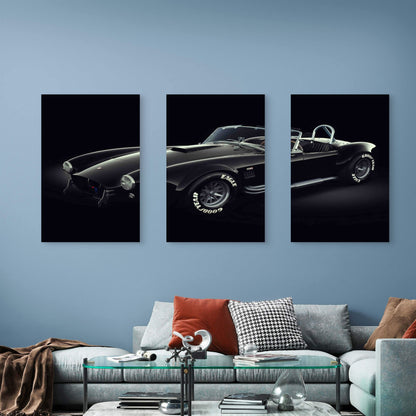 3pcs Classic Black Retro Roadster Sports Car Metal Print Ready to Hang Art
