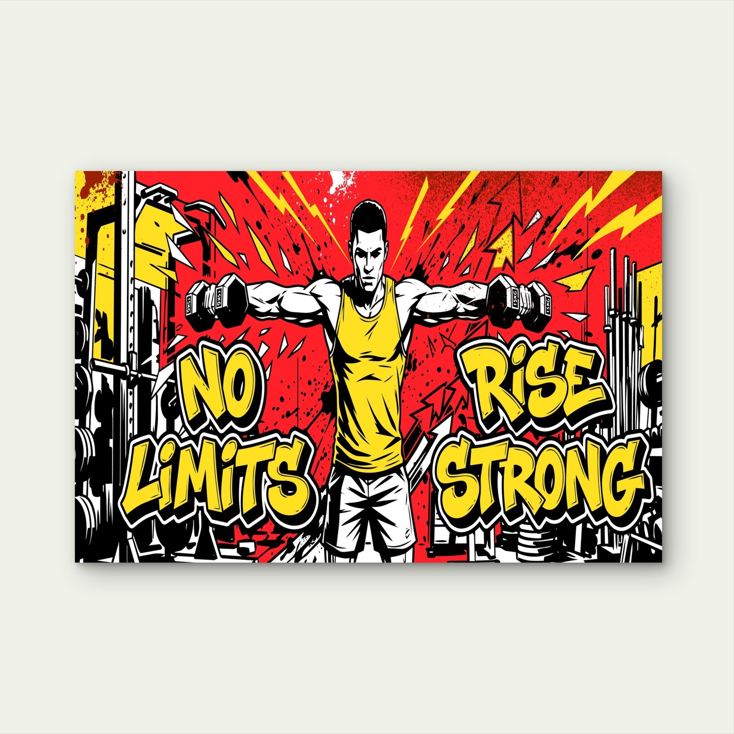 Gym Workout Dumbbell Lateral Raises No Limits Rise Strong Graffiti Red Yellow 5mm thick Plastic Poster Ready to Hang 90x60cm