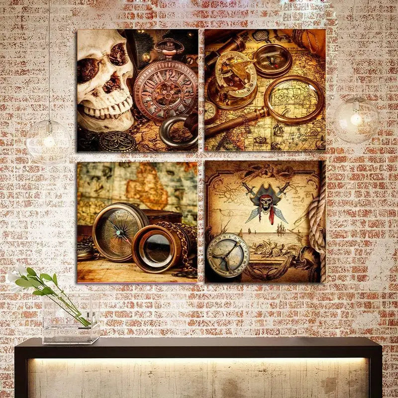 4pcs Pirate Ship Compass Restoring Ancient Ways Wall Art Canvas Framed
