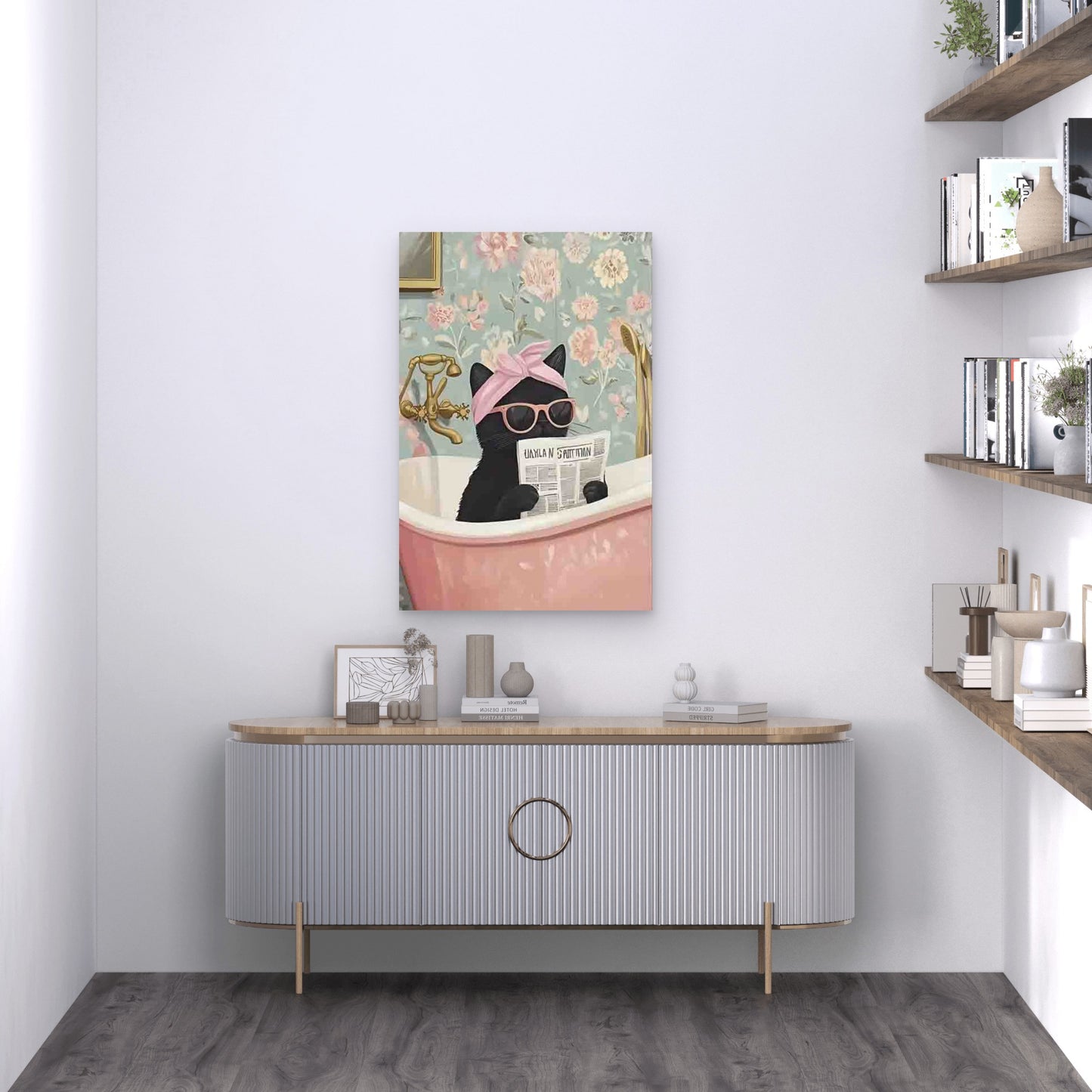 Cat In a Floral Bathroom Metal Print Ready to Hang