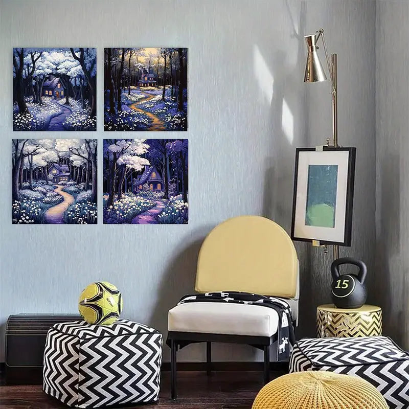 4pcs  Night Forest Floral Cottage Picture   CP    Wall Art Canvas Framed