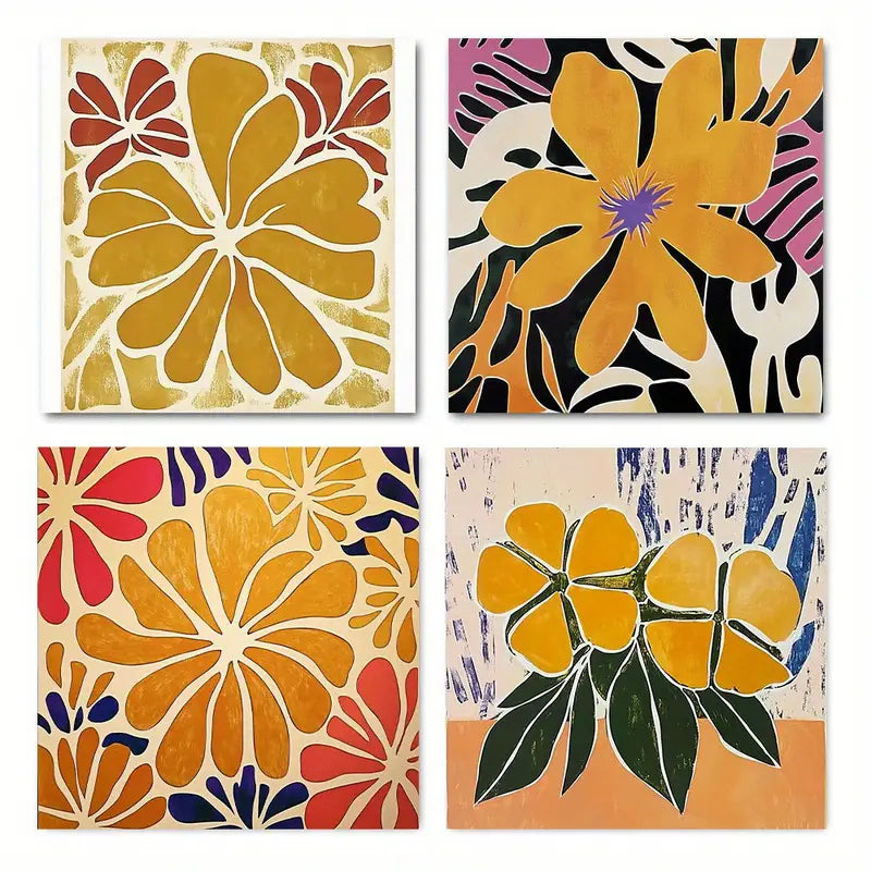 4pcs Vintage Abstract Floral Wall Art Canvas Framed